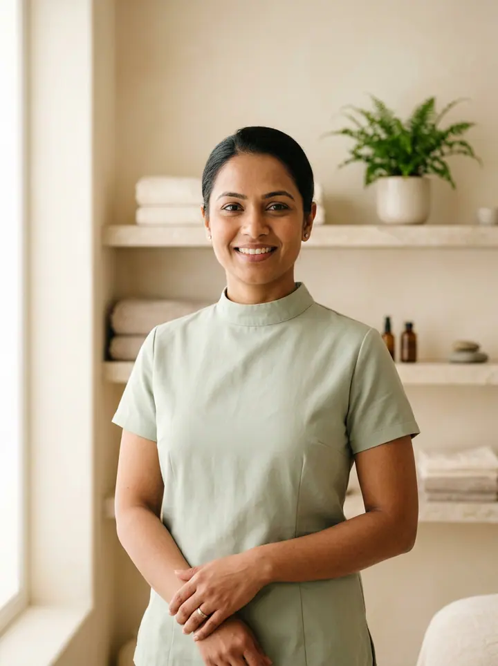 AI-generated illustrative portrait of a female wellness professional for the Swedish & Deep Tissue profile; not an actual staff photograph