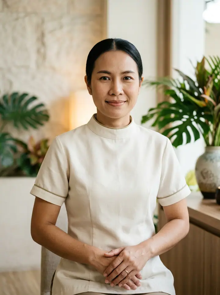 AI-generated illustrative portrait of a female wellness professional for the Thai Healing Master profile; not an actual staff photograph