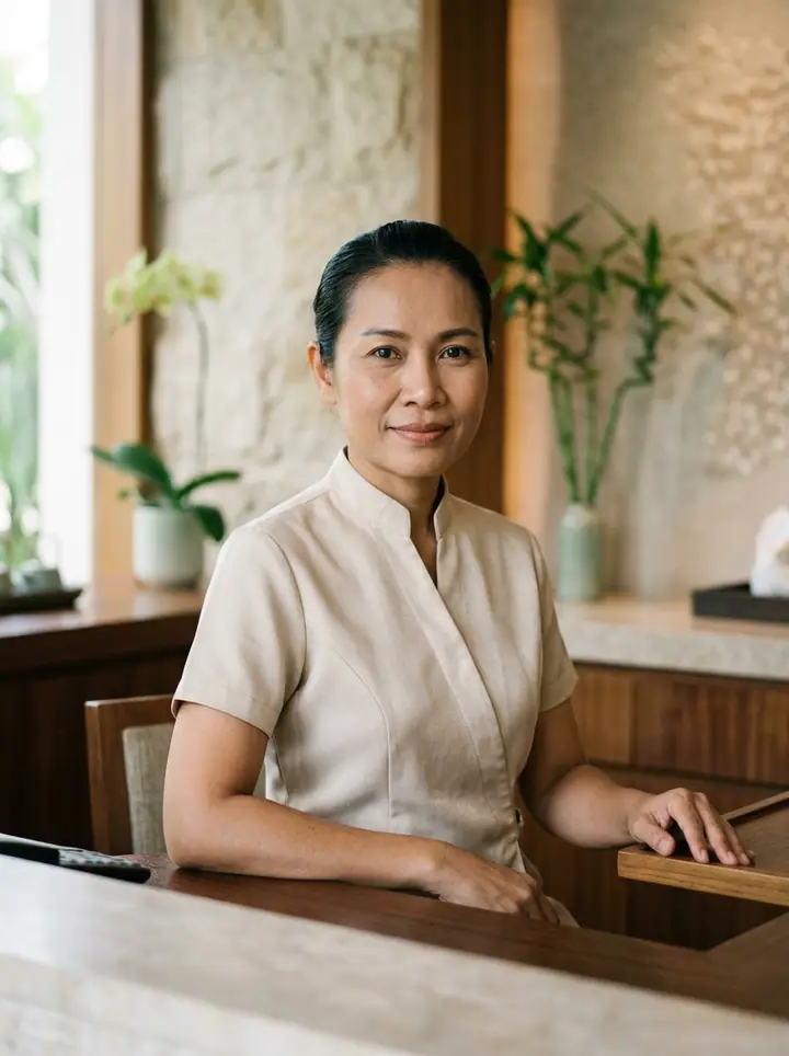 AI-generated illustrative portrait of a female wellness professional for the VIP Couple Suite & Steam profile; not an actual staff photograph