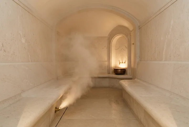 Illustrative luxury steam bath with warm vapor and pale stone benches