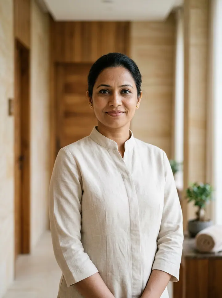 AI-generated illustrative portrait of a female wellness professional for the Aroma & Balinese Healing profile; not an actual staff photograph